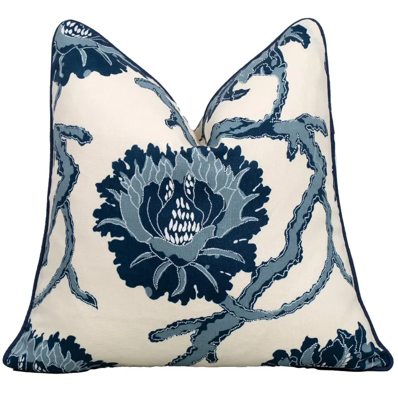 Indigo Pillow Cover Contrast Self-welting, French General Floral Throw Pillow Cover, Jacobean Pil... | Etsy (US)