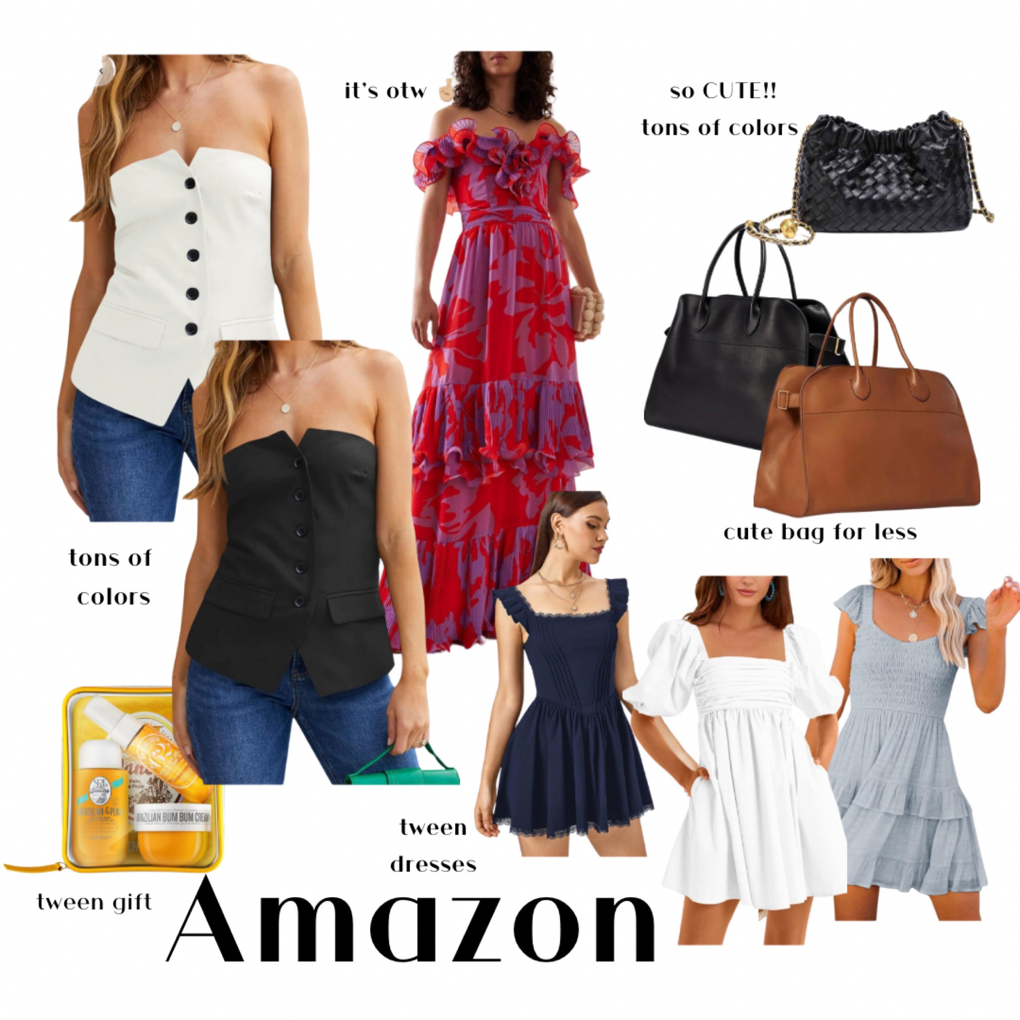 Recent orders! 

The woven crossbody is awesome! Tons of colors available. The strap is so cute too. Impressed by the quality for sure. 

Tween dresses: will update! All have great reviews. 

Look alike bag — I ordered the tan and will update! Still waiting to receive! Price is too good!!

Long dress — upcoming wedding? I found a this today and can’t wait to see the quality. I ordered a medium based on the size chart. 

Oh and strapless top — how CUTE!! Tons of colors roo!!
Y’all lmk if you have questions!!