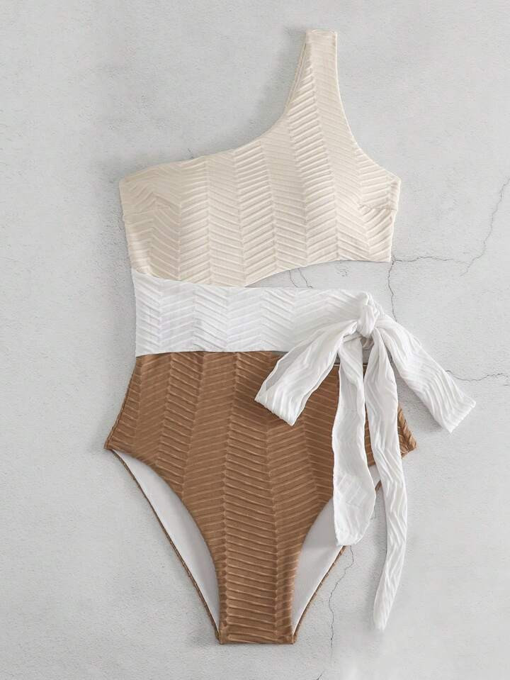 SHEIN Swim Vcay Bloco De Cores Cut Out Um Ombro Fato De Banho De Uma Peça | SHEIN