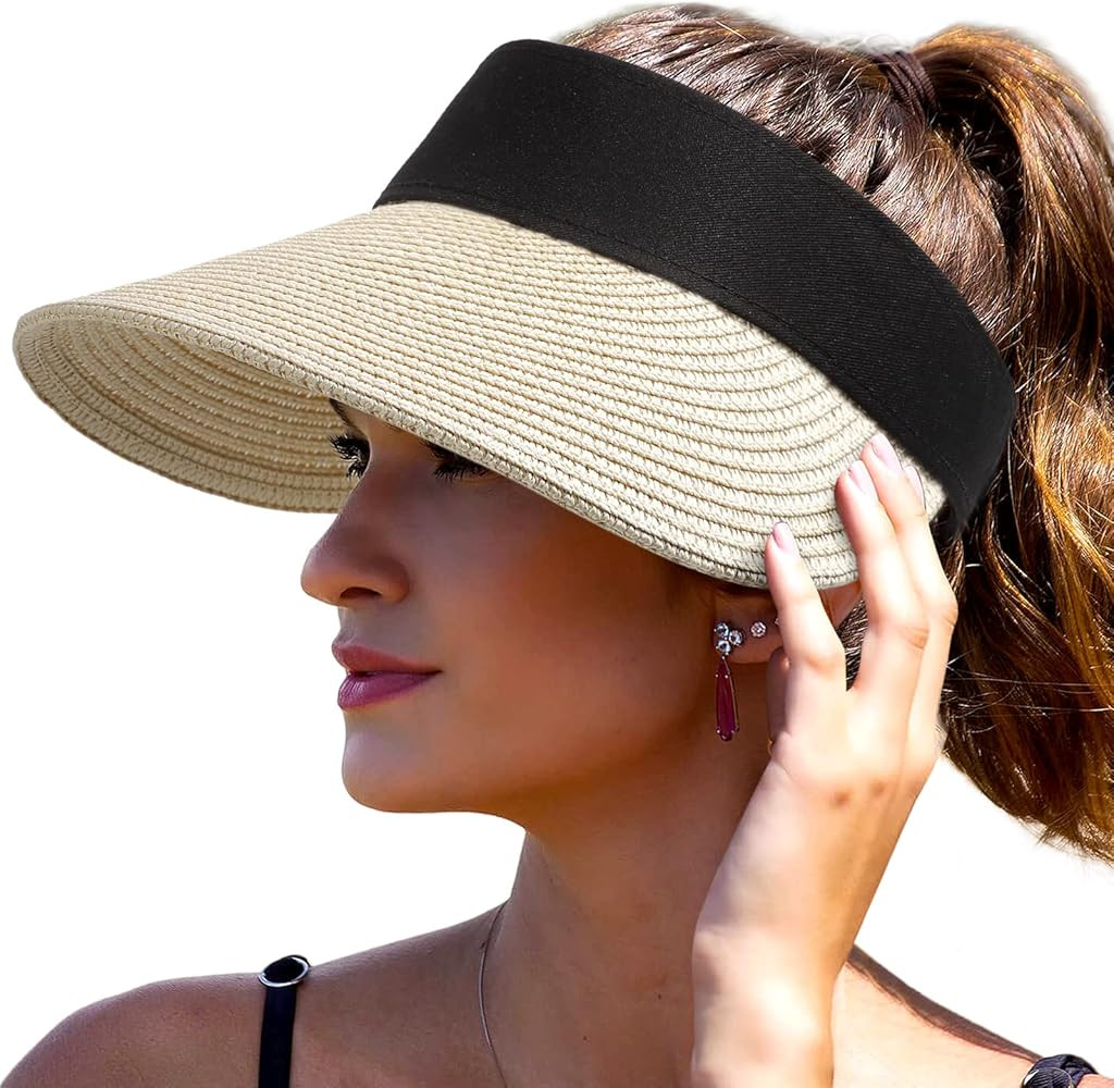 Straw Sun Visor Hats for Women Wide Brim Roll-up Foldable Beach Visors Cap Summer UV Protection | Amazon (US)
