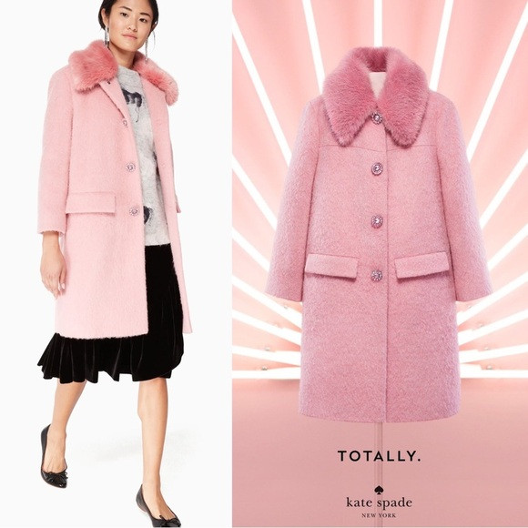 Kate Spade • Faux Fur Trim Coat jeweled buttons Tulip Pink wool blend collared | Poshmark