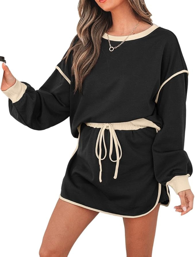 Apvirdy Color Contrast Two Piece Lounge Set for Women Loose Pullover and Lace-up Waist Split Skor... | Amazon (US)