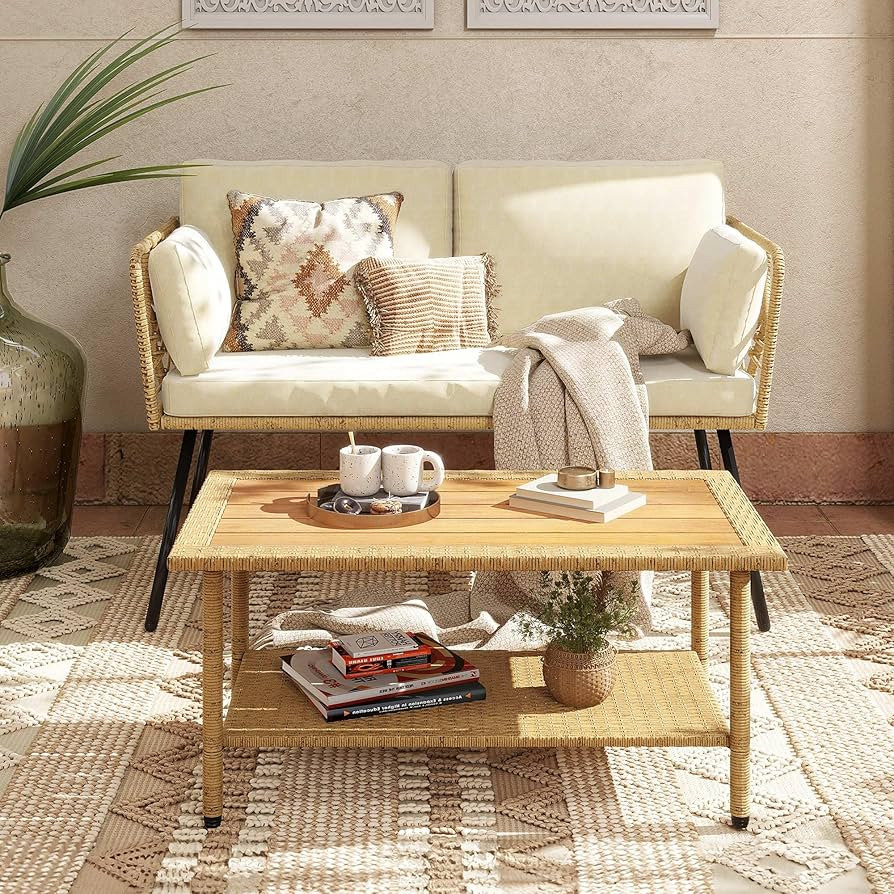 Amazon.com: DWVO 2 Pieces Patio Furniture Set, All-Weather Wicker Rattan Loveseat with Thick Cush... | Amazon (US)