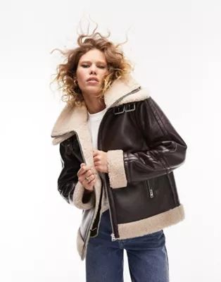 Topshop faux leather shearling zip front oversized aviator jacket with double collar detail in ch... | ASOS (Global)