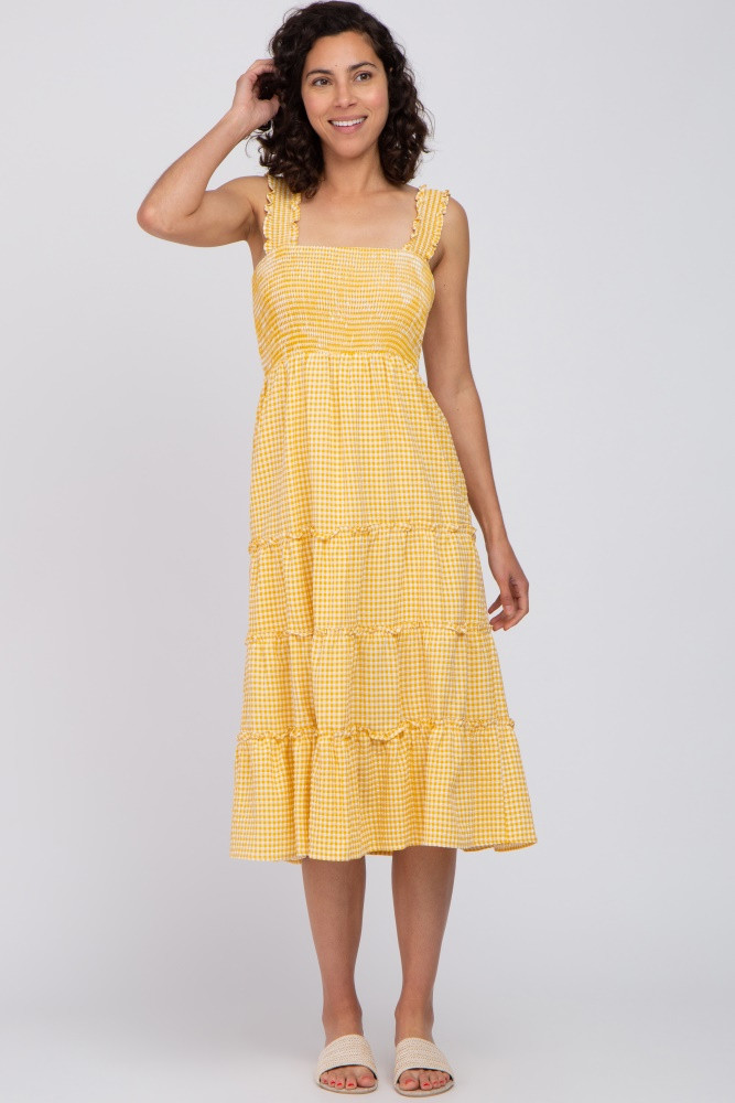 Yellow Gingham Smocked Tiered Midi Dress | PinkBlush Maternity
