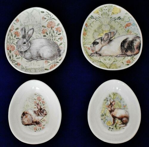 Pottery Barn Set Of 2 Floral Bunny Rabbit Egg Shaped Plates & 2 Matching Bowls  | eBay | eBay US