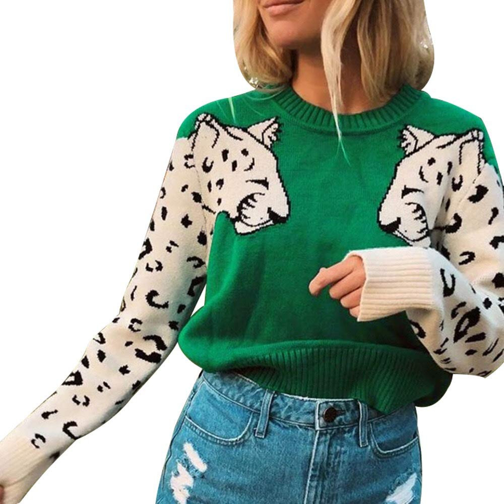 Women's Sweaters Casual Leopard Printed Patchwork Long Sleeves Knitted Pullover Cropped Sweater T... | Amazon (US)