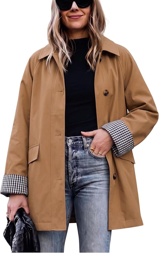 Athlisan Women's Lightweight Trench Coat Button Front Plaid Lining Jacket | Amazon (US)
