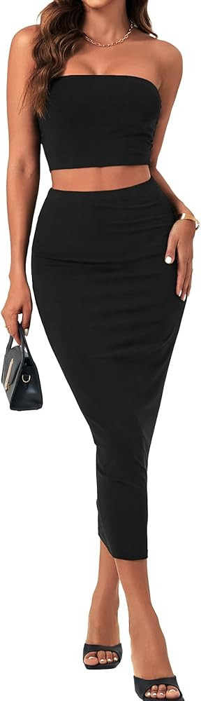 KIFOVEN Women’s 2 Piece Outfits Tube Crop Top Bodycon Midi Skirt Summer Vacation Set | Amazon (US)