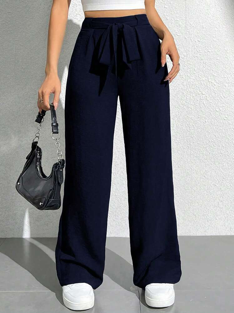 SHEIN PETITE Women Solid Color Belted High Waist Wide Leg Pants Loose Long Trousers | SHEIN