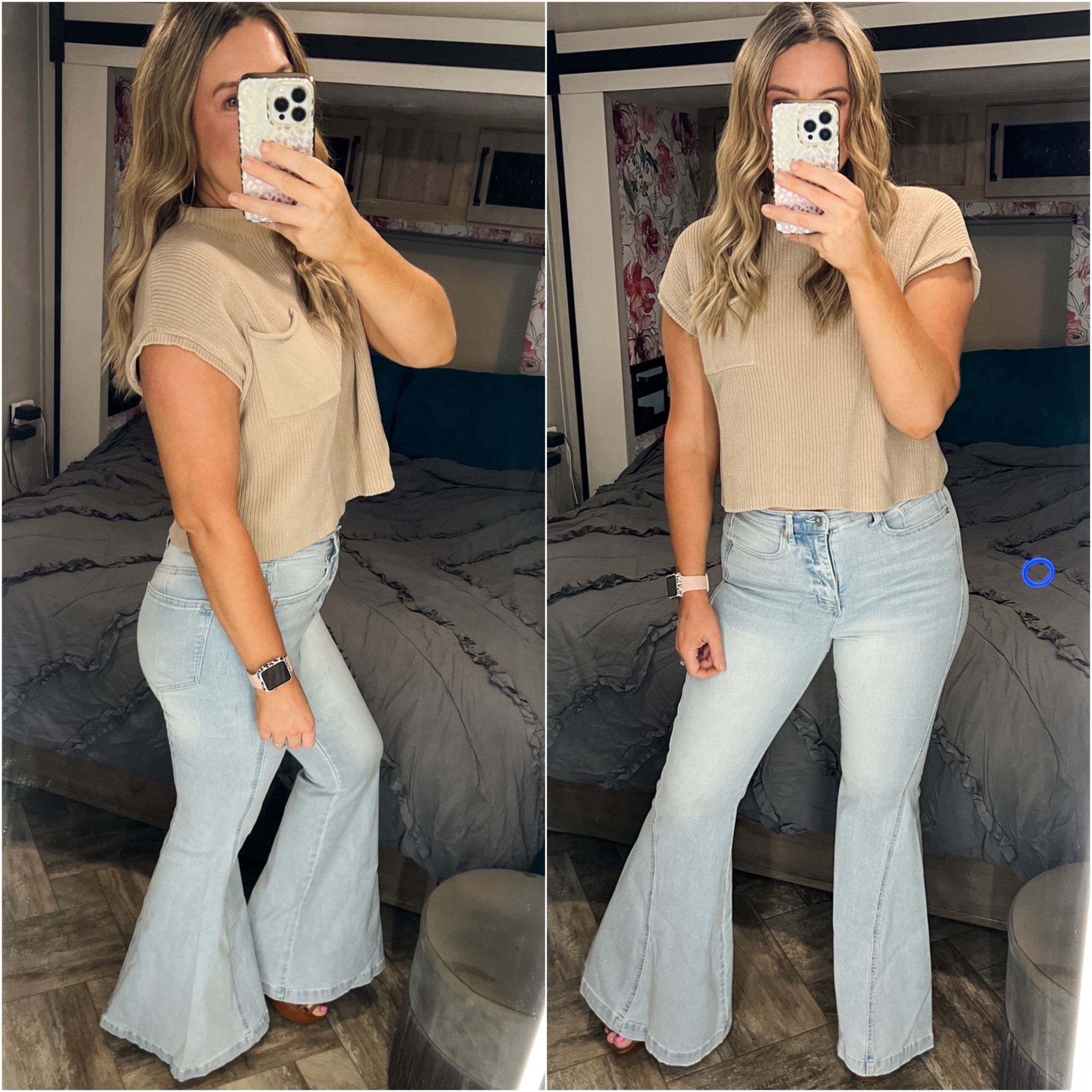They say money don’t buy happiness, but I’m here to tell you my whole attitude changed when I put on these new super flared jeans! 🙌🙌 They are so good yall! 🤌 Tall girl friendly too! I’m 5’7 and they look best with at least a 2” heel (I’m pictured here with a 4”). I say TTS- I’m in a 6 (I’m 5’7 and 165 lbs). Just 💲25 and these will sell out quick I’m betting (like all good Walmart finds 🥲) 

Similar shirt. Mine came with a pant set. Size down I’m in small. 