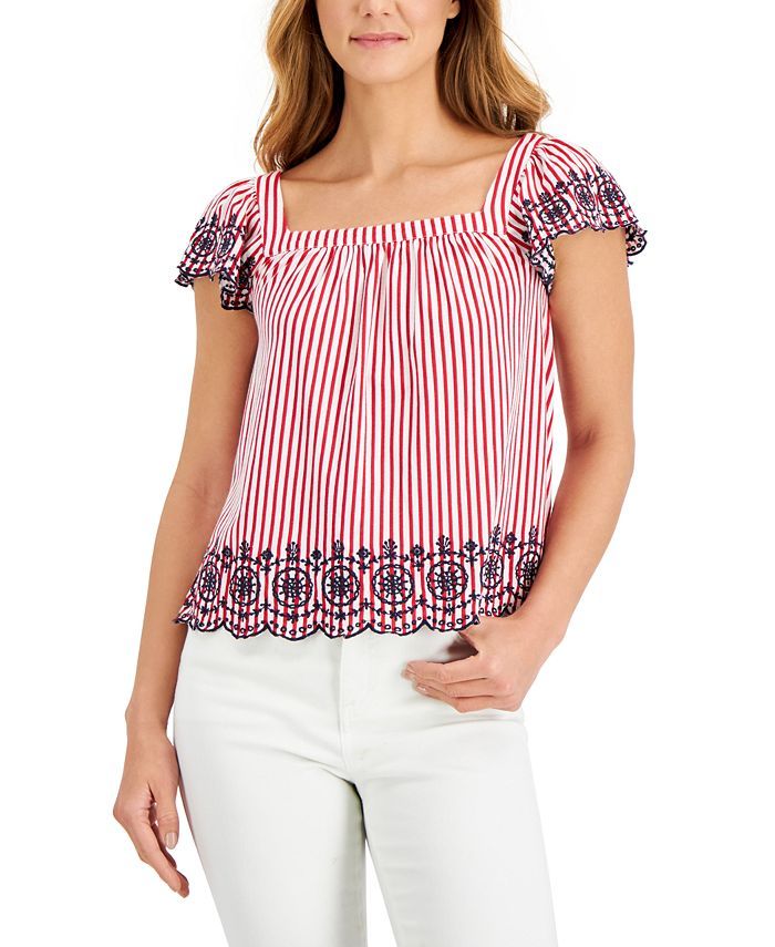 Charter Club Petite Striped Eyelet-Trim Top, Created for Macy's & Reviews - Tops - Petites - Macy... | Macys (US)