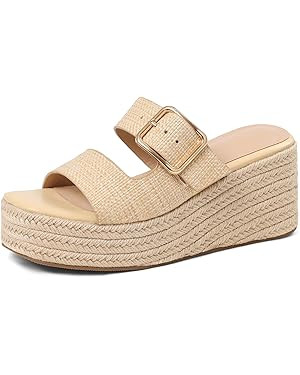 Platform Wedges Sandals for Women Summer Slip on Espadrille Flatform Slides Open Toe Adjustable B... | Amazon (US)