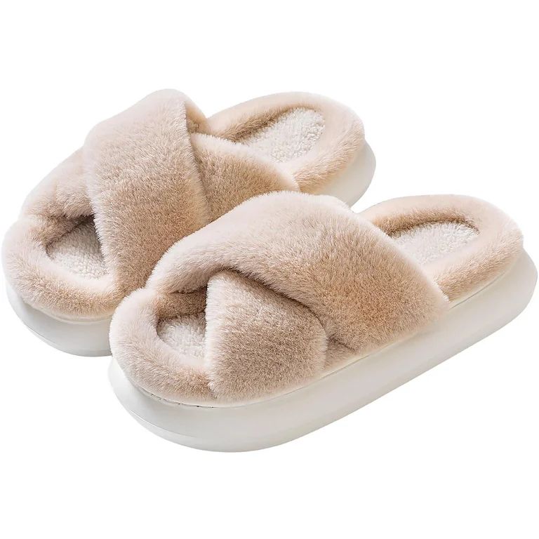 WALL QMER Cross Open Toe Slippers for Women, Warm and Cozy Fluffy Fuzzy Women's Slippers, Memory ... | Walmart (US)