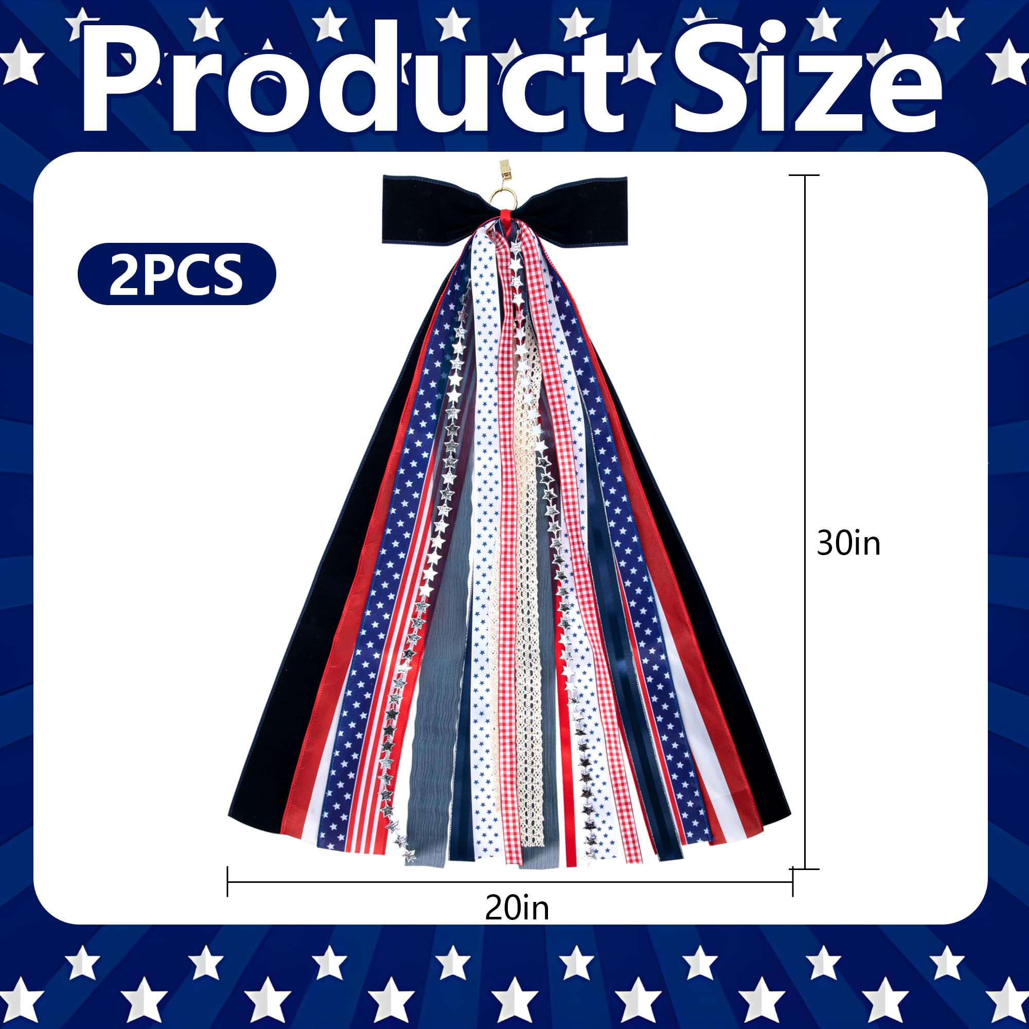 RunNico 2 Pcs Patriotic Assorted Ribbon Bow for Wreath, 30'' x 20'' Large Red White Blue Clip-On Wreaths Ribbon Decoration, 4th of July Decorative Wreath Sash Bundle for Memorial Independence Decor | Amazon (US)
