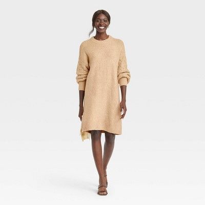 Women&#39;s Long Sleeve Cable Knit Sweater Dress - A New Day&#8482; Beige S | Target