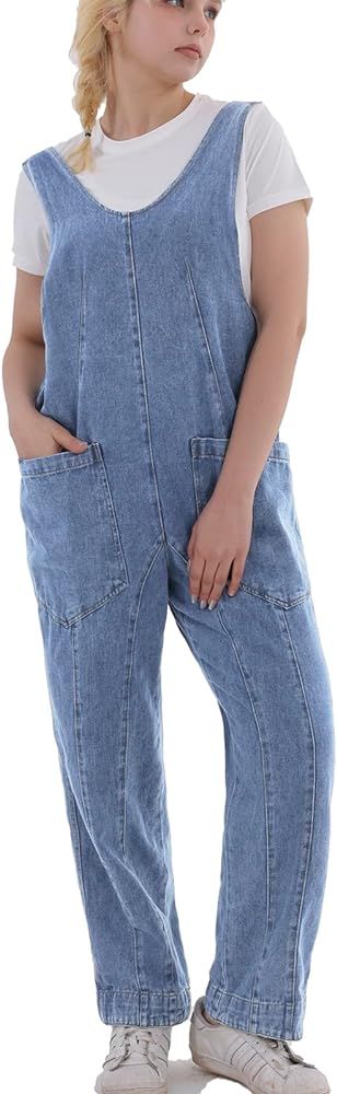 Womens Overalls Denim Baggy Loose Fit Jean Jumpsuit High Roller Adjustable Straps Sleeveless Jump... | Amazon (US)