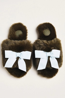 Maeve Faux-Fur Open-Toe Bow Slippers | Anthropologie (US)