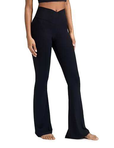 ESOFT Women's Crossover Flare Leggings, High Waisted Wide Leg Flared Yoga Pants A-Black | Amazon (US)