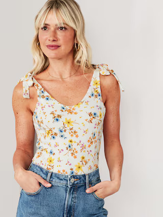 Printed Tie-Shoulder V-Neck Rib-Knit Bodysuit for Women | Old Navy (US)