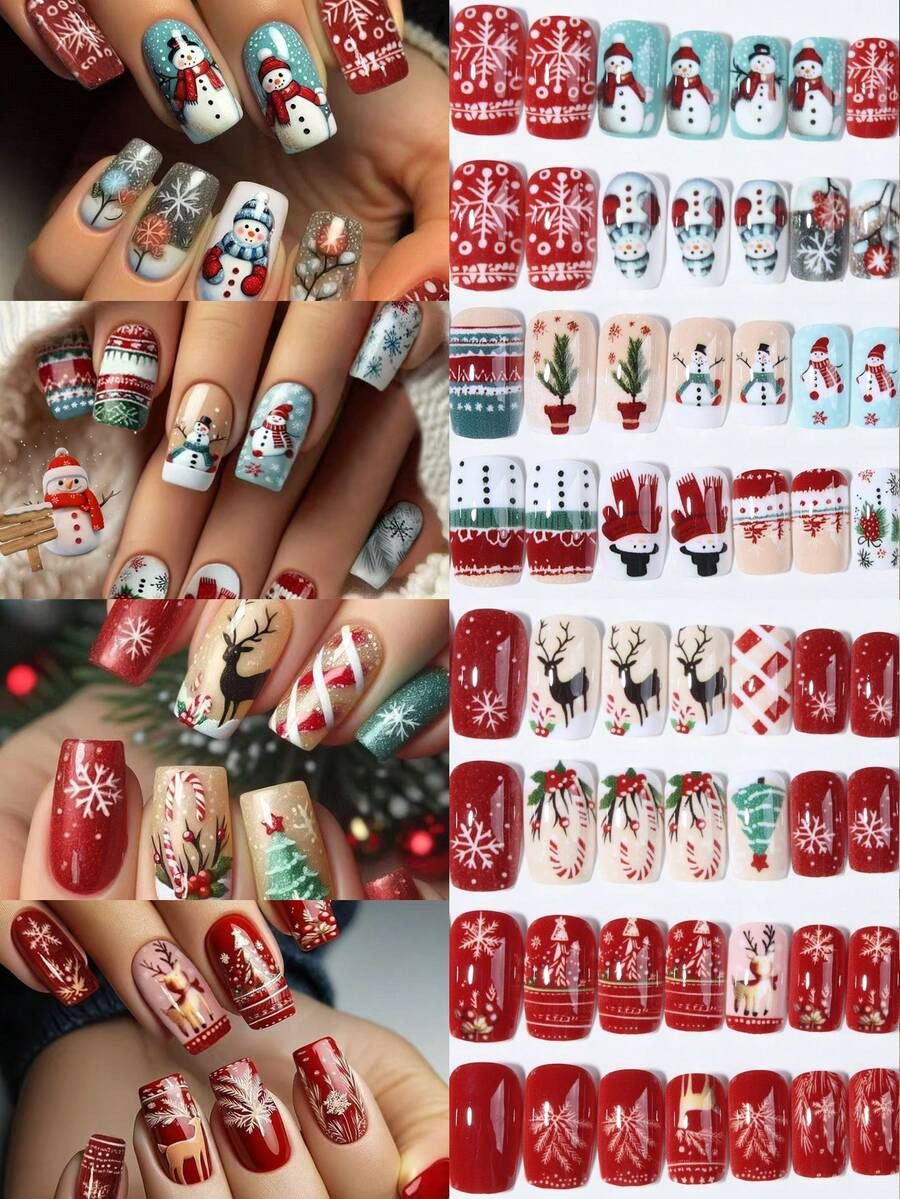 Christmas Nails 96pcs(4mixed)Short Square Elk, Snowflakes, Christmas Tree, Snowman, Christmas Sta... | SHEIN
