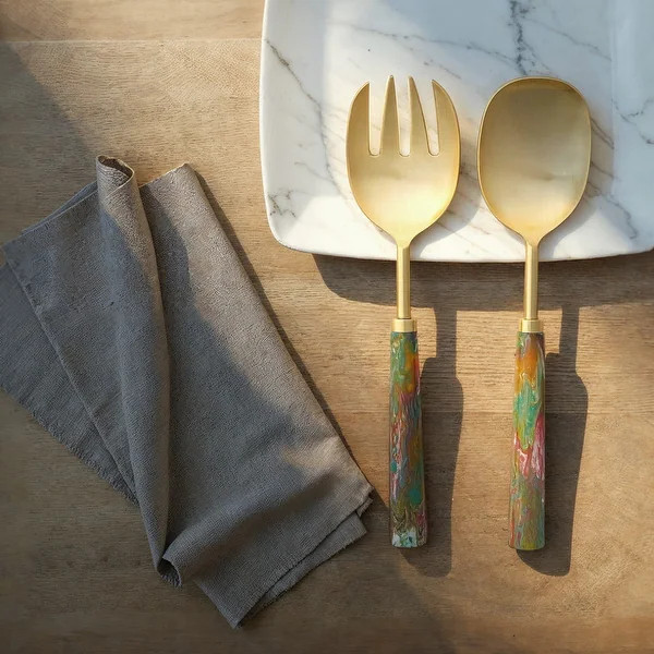 2-Piece Stainless Steel Salad Servers with Marbled Resin Handles - 10.5"L x 2.5"W x 1.0"H | Bed Bath & Beyond