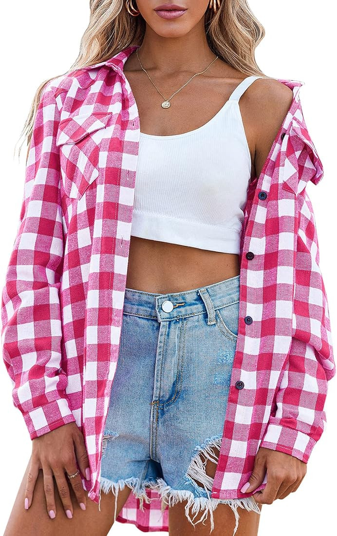 Zeagoo Womens Flannel Shirts Long/Roll Up Sleeve Collared Button Down Plaid Shirt Casual Work Top... | Amazon (US)
