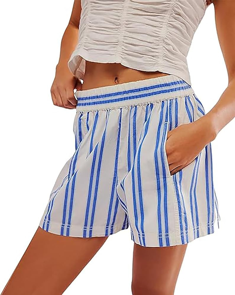 Women Striped Boxer Shorts Elastic High Rise Pull-On Wide Leg Casual Pajama Y2K Lounge Shorts wit... | Amazon (US)