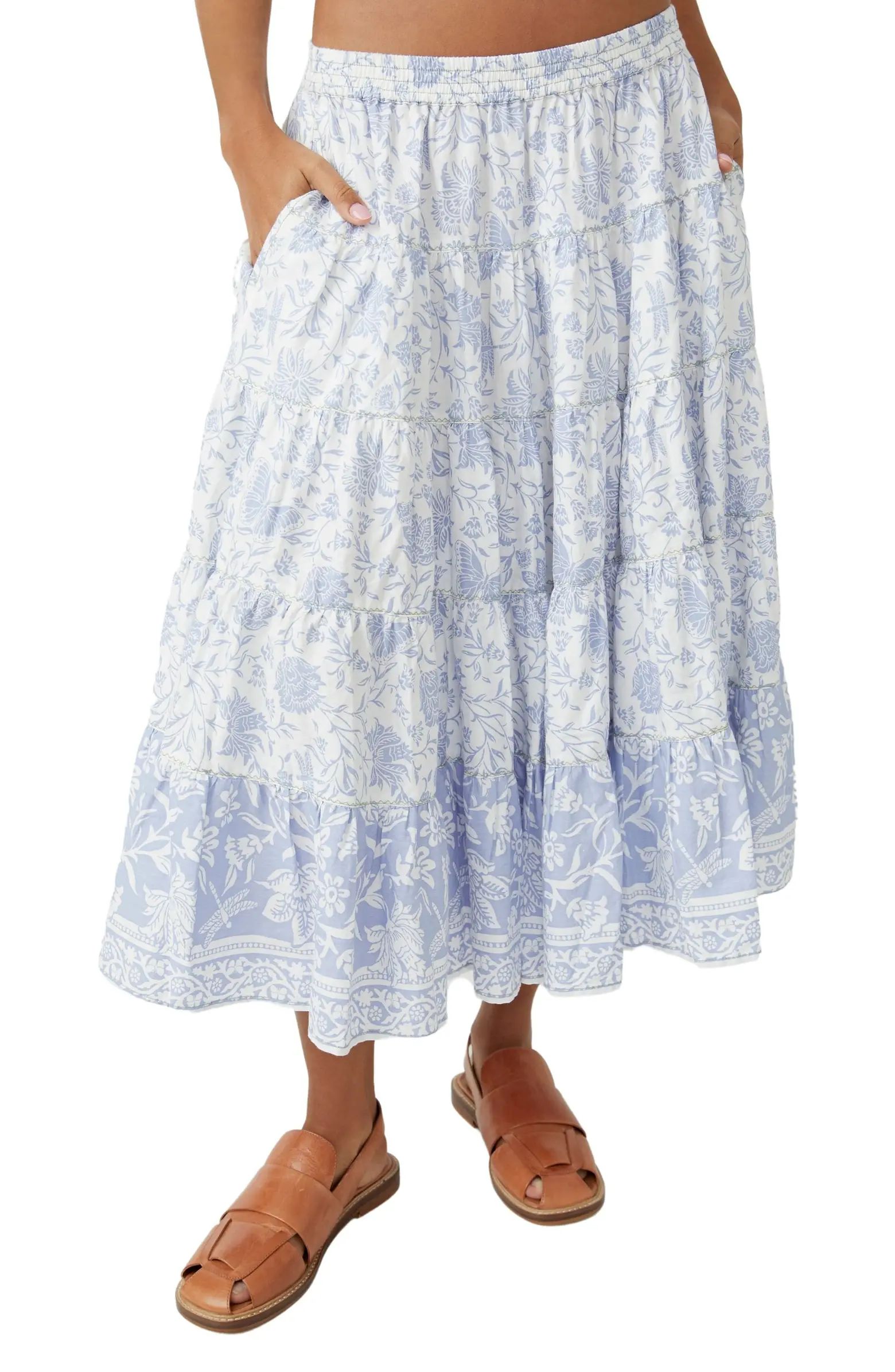 Full Swing Floral Border Detail Cotton Blend Midi Skirt | Nordstrom