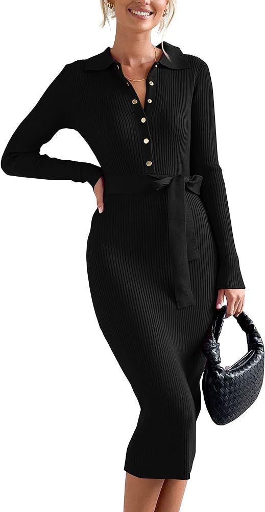 2023 Women V Neck Long Sleeve Bodycon Sweater Dress Button Up Tie Waist Ribbed Knit Midi Pencil D... | Amazon (US)