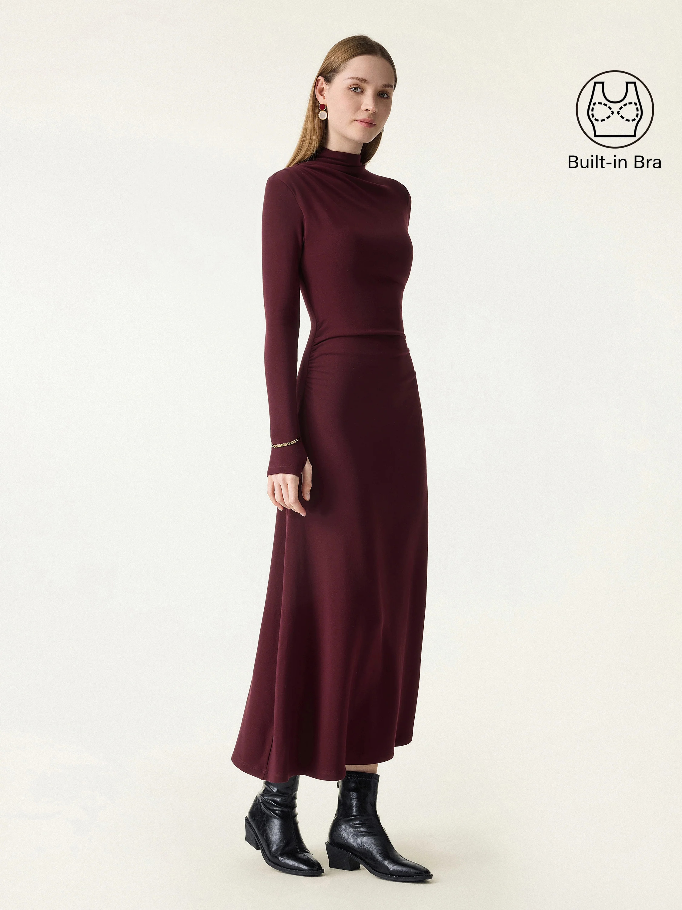 ProWarm Mockneck Ruched Midi Brami Dress with Thumbhole | OGLmove
