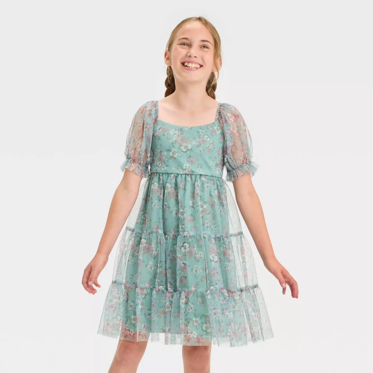 Zenzi Girls' Short Sleeve Tiered Floral Dress - Sage Green | Target