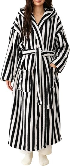 Yimoon Womens Striped Fluffy Robe Long Hooded Plush Warm Bathrobes | Amazon (US)