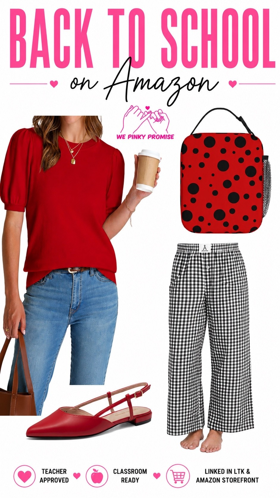 This outfit is giving comfy teacher vibes without sacrificing style! I love the bold red top paired with these gingham pants, and the ladybug lunch bag is the cutest finishing touch. The red flats pull everything together perfectly.

✨ Puff sleeve top
✨ Gingham pants
✨ Ladybug lunch bag
✨ Red slingback flats

Everything is linked here in my LTK! Which piece would you wear first? ❤️🍎

#LTKStyle #LTKFinds #TeacherStyle