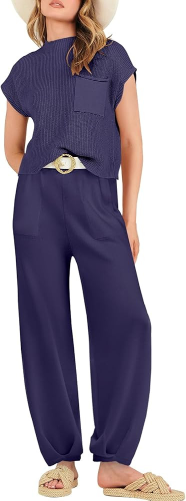 Women's Two Piece Outfits Sweater Sets Knit Pullover Tops and High Waisted Pants Tracksuit Lounge... | Amazon (US)