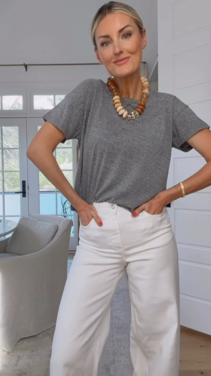 I am obsessed with this $10 gray tee! The cotton blend jersey fabric is so breathable and ideal for everyday wear! Truly can pair easily with any outfit 👌🏼 wearing size s in the top and 4 in jeans 

Loverly grey, spring outfit ideas, white denim outfit, spring Target style finds, affordable wardrobe 2026 pieces capsule

#LTKootd #LTKSeasonal