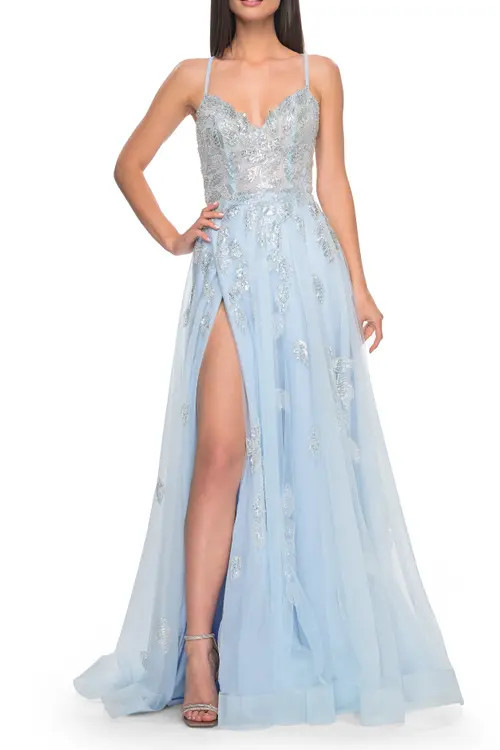 La Femme Two Tone Tulle A-Line Prom Dress with Floral Beaded Detail in Light Blue at Nordstrom, Size 10 | Nordstrom