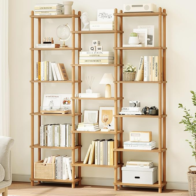 IOTXY Wooden Triple Wide Bookshelf - 6-Tier Large Shelf Bookcase with Solid Beech Frame, Tall Fre... | Amazon (US)