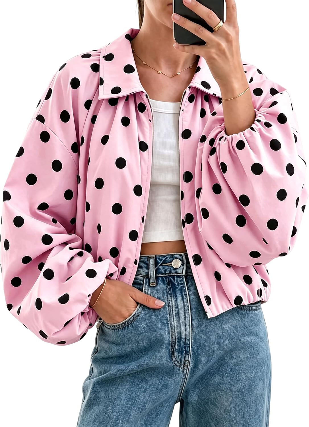 Women Polka Dot Jacket Puffed Sleeve Bomber Jacket Lapel Collar Zip Up Cropped Loose Fall Spring Pleated Coat | Amazon (US)