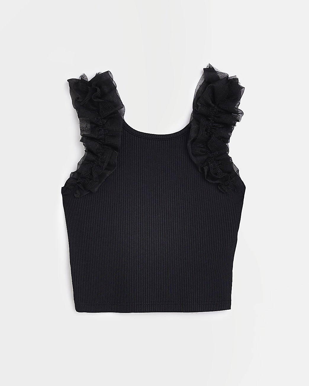 River Island Girls black ruffle detail ribbed top | River Island (US)