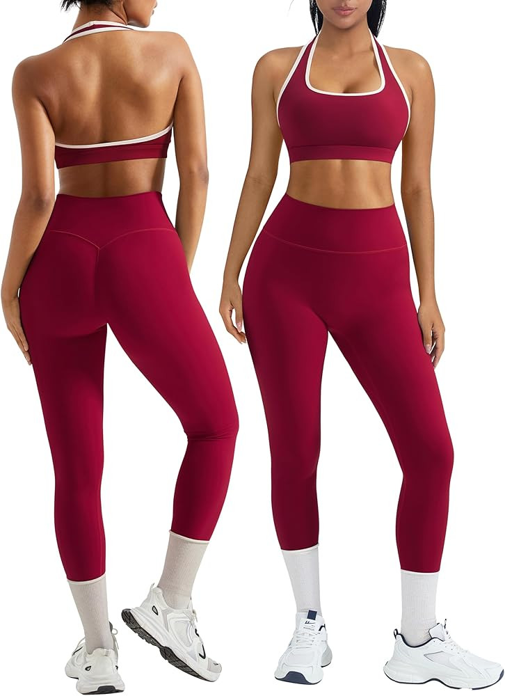 OMKAGI 2 Piece Workout Sets for Women Halter Sports Bras Gym Sets Booty Leggings Outfits | Amazon (US)