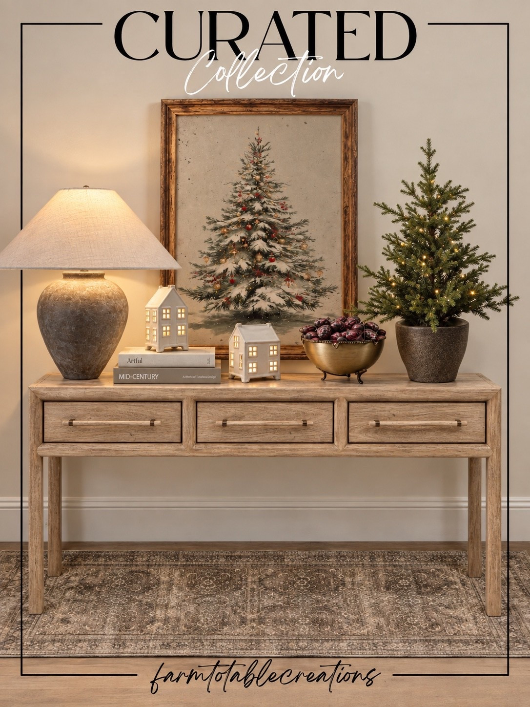 Cozy Christmas Console🎄
Creating a cozy Christmas moment with warm lighting, vintage-inspired artwork, little glowing houses and the prettiest seasonal touches. I love how collected and timeless these pieces look together—perfect for giving an entryway or console an easy holiday refresh. 🤎

#ChristmasConsoleTable #ChristmasTreeArtwork #MiniChristmasTree #ChristmasTableLamp #LightUpChristmasHouses #ChristmasEntrywayDecor #VintageChristmasDecor #NeutralChristmasDecor #ChristmasHomeDecor #HolidayConsoleTable

#LTKSeasonal #LTKSaleAlert #LTKHome