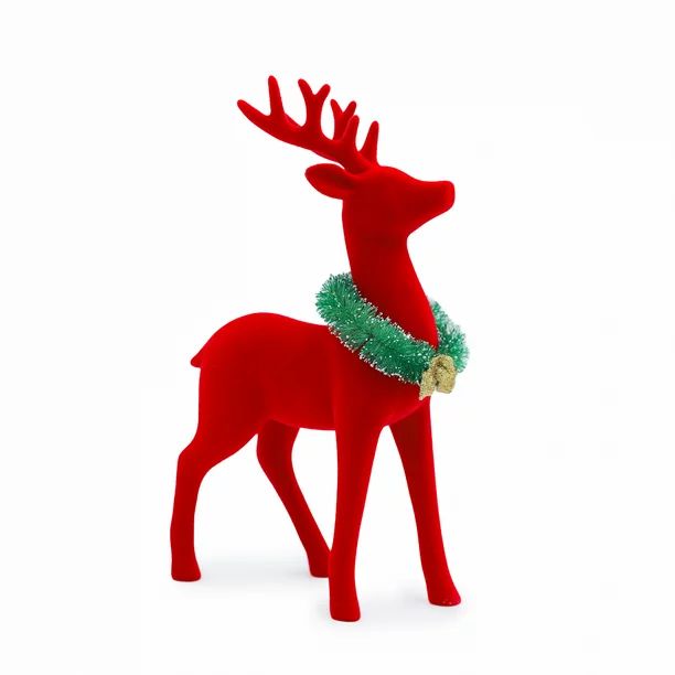 Packed Party Red Flocked Deer with Wreath Table Top Christmas Decoration, 9.7-inch - Walmart.com | Walmart (US)
