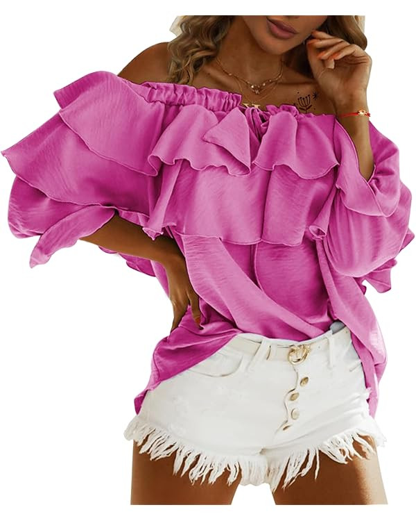 Byinns Women's Off Shoulder Ruffle Trendy Summer Fashion Long Sleeve Blouse Sexy Dressy Casual Ou... | Amazon (US)