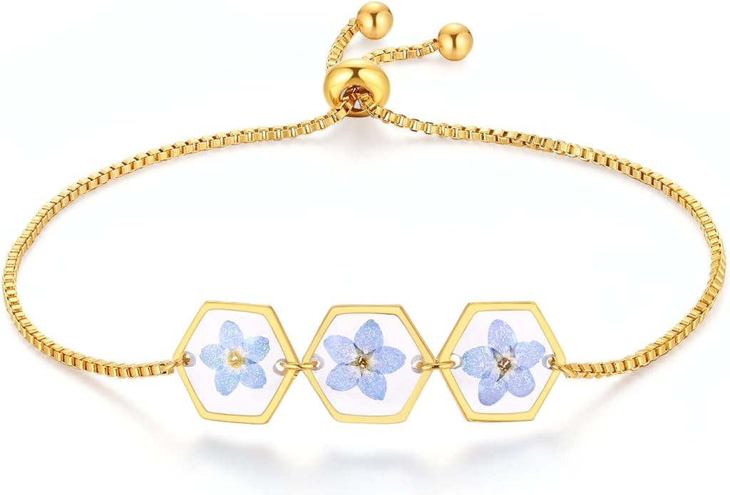Forget-Me-Not Pressed Wildflower Bracelet | Pressed Flower Bracelet | Gold/Silver Pressed Flower ... | Amazon (US)