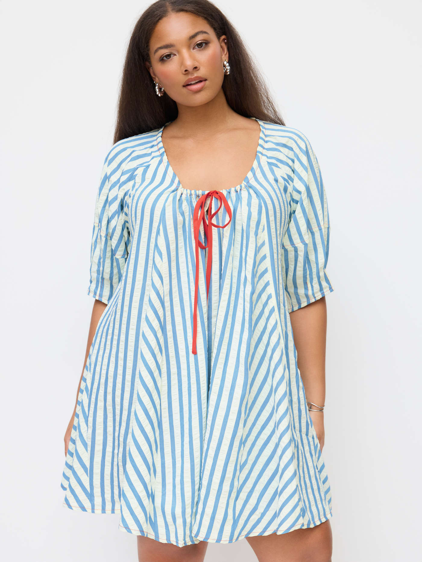 Woven Round Neckline Stripe Bowknot Cut Out Mini Dress Curve & Plus For Daily Casual | Cider