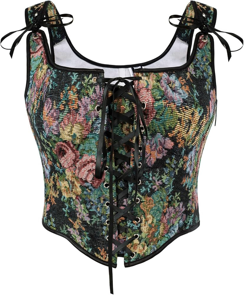 SCARLET DARKNESS Women's Floral Corset Top Cottagecore Vest Overbust Bustier Lace-up Vintage Medi... | Amazon (UK)