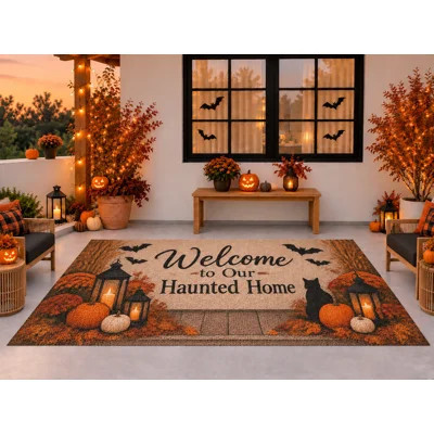 5' x 7' Outdoor Area Rug, Haunted Home Black Cat Pumpkins Halloween Pattern, Waterproof PVC Coil Loop Carpet, Heavy Duty Quick Dry Mat for Porch Deck | Wayfair North America