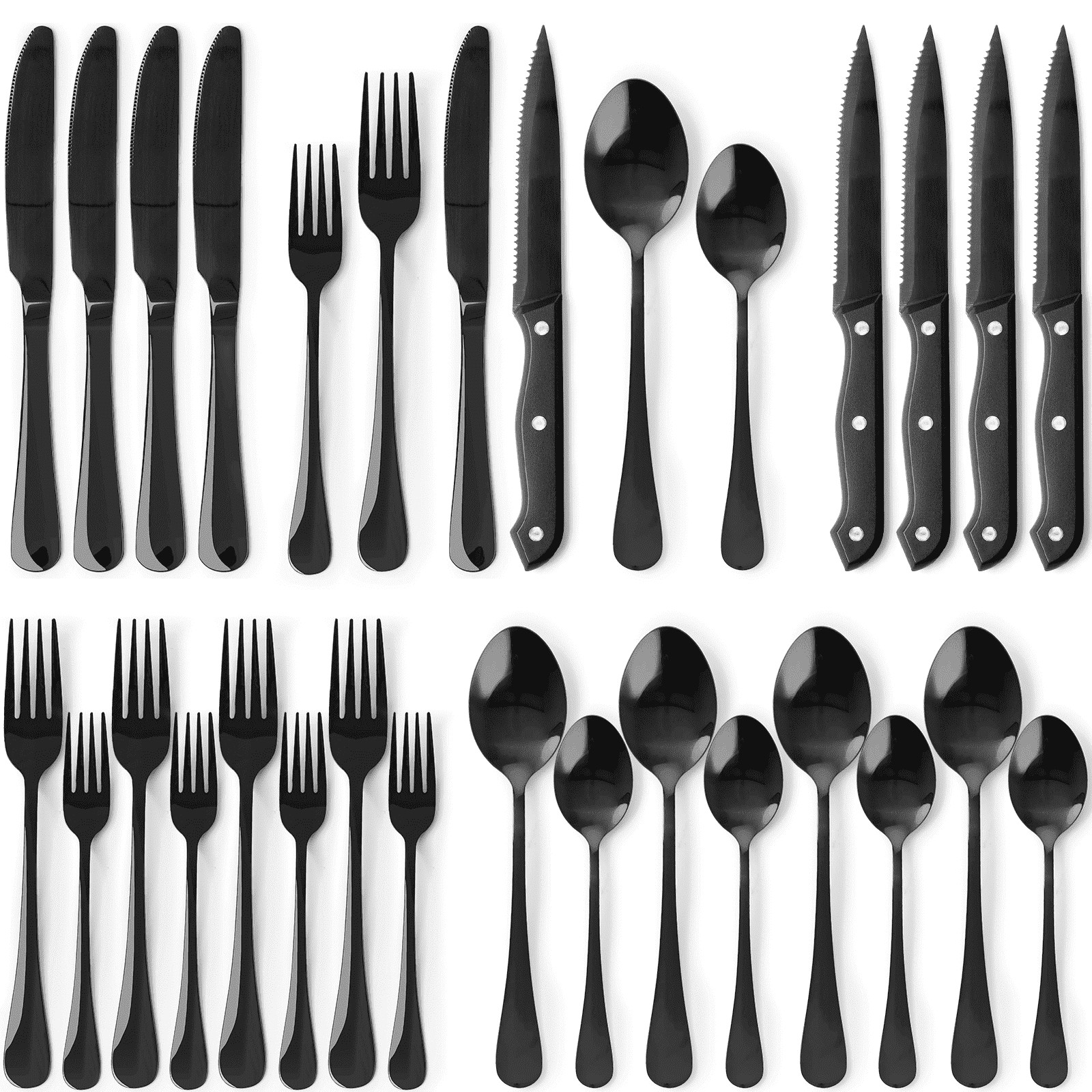 Astercook 25-Pieces Black Silverware Set with Steak Knives, Black Flatware Set for 4, Food-Grade ... | Walmart (US)