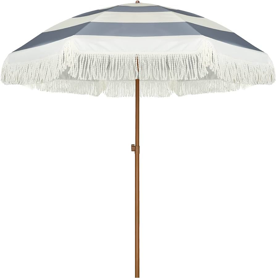 AMMSUN 7ft Patio Umbrella with Fringe Outdoor Tassel Umbrella UPF50+ Premium Steel Pole and Ribs Push Button Tilt, Grey Stripes | Amazon (US)